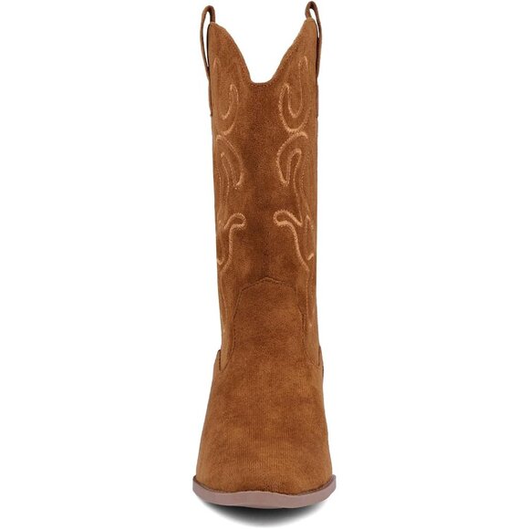 Women Brown Suede Mid Calf Chunky Block Heel Western Embroidered Fashion Boot - Picture 3 of 7